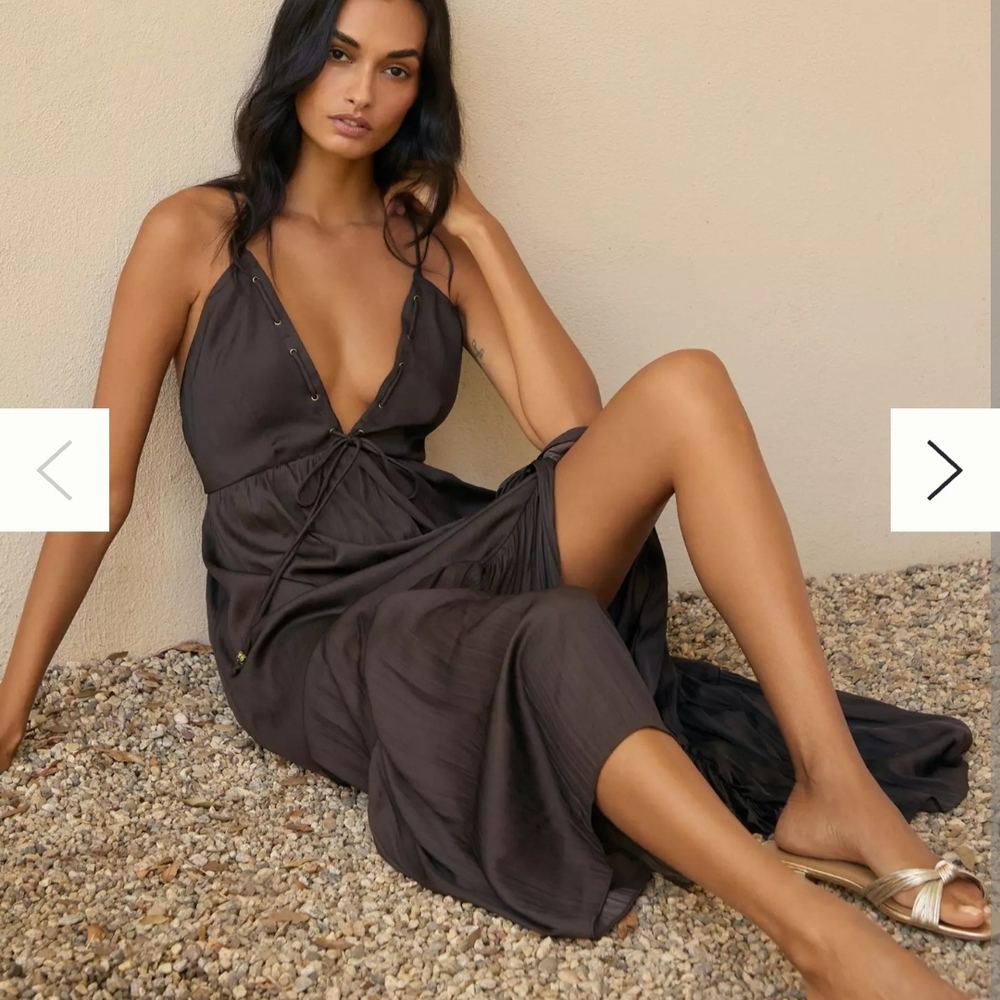 Anthropologie Asymmetrical Ruffle Midi Dress Sz L Deep Chocolate